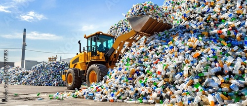 wheel loader working load bottle plastic recycle from the mountain of plastic bottle photo