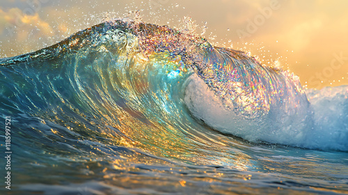 Ocean wave rainbow glitter, soft turquoise merging with prismatic sparkles, refreshing aquatic feel