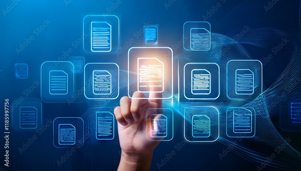 Hand touching document icon on virtual screen to document management, online documentation Hand touching document icon on virtual screen to document management, online documentation
