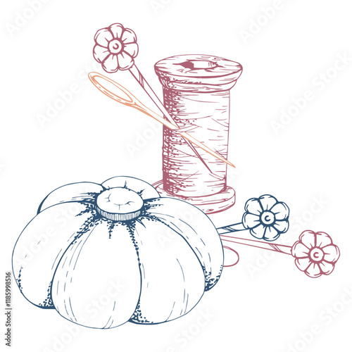 Wooden thread spool skein bobbin, pin cushion needles, sewing craft embroidery supplies. Hand drawn ink vector illustration. Composition isolated on white background. Design atelier, tailor hobby shop