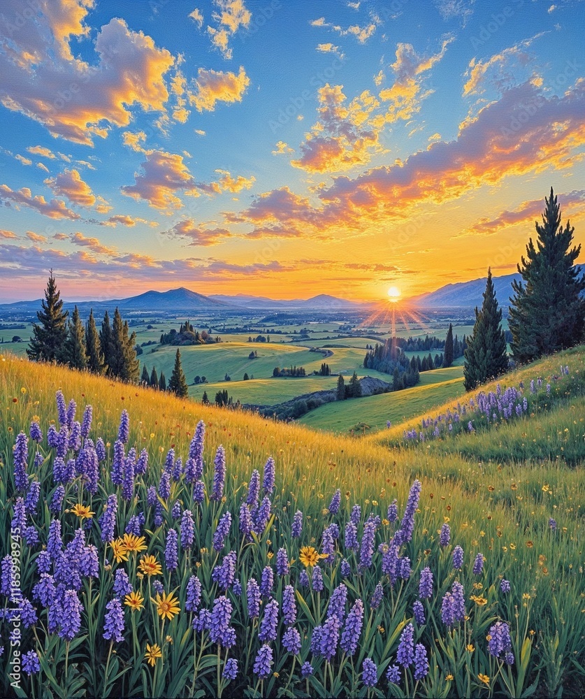 Fototapeta premium Sunset over a colorful meadow with wildflowers and rolling hills