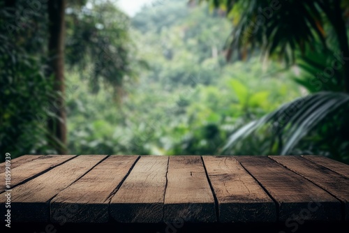 Tropical jungle backdrop, wooden table, product display (4) photo