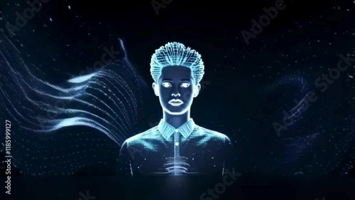 A futuristic and impressive scene of a hologram projection of a person. Animation.