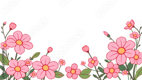 Pink Blossom Frame: Delicate pink flowers with yellow centers create a charming floral frame, perfect for spring or summer designs. The illustration style adds a touch of softness and elegance.