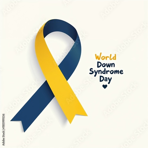 Yellow and blue awareness ribbon for World Down Syndrome Day with heart on light background
