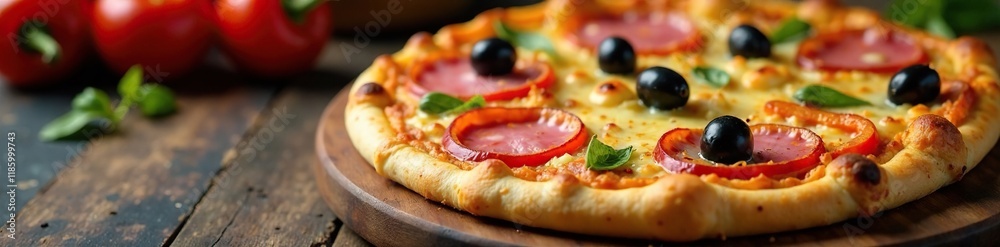 Freshly baked ham and pepper pizza with olives, fresh, toppings, peppers Freshly baked ham and pepper pizza with olives, fresh, toppings, peppers