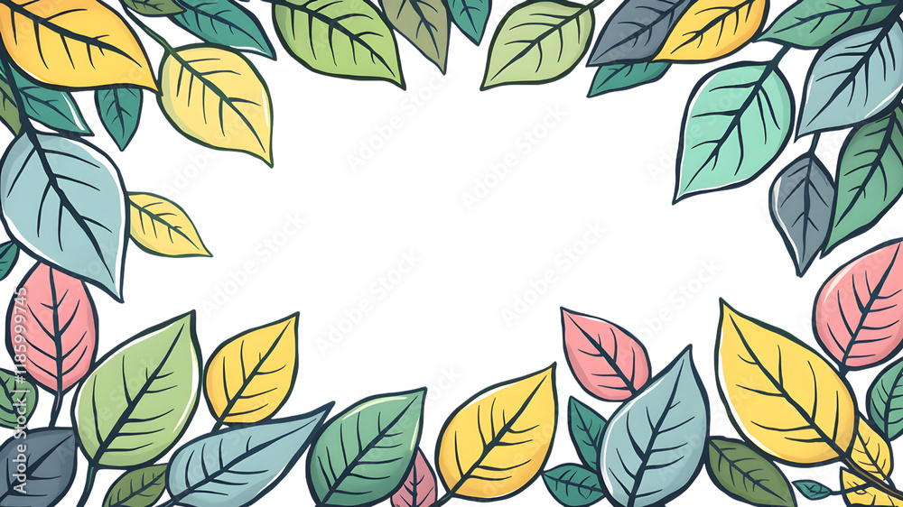 Obraz premium Autumn Leaves Frame: A charming frame of colorful autumn leaves in various shades of red, yellow, green, and blue, creating a vibrant and cheerful border, perfect for fall-themed designs.