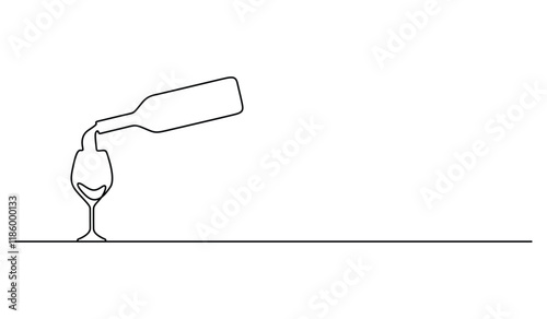 Wine glass and bottle continuous single line drawing vector illustration