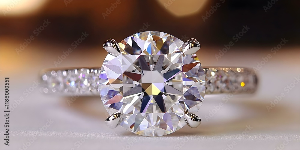 A close-up of a sparkling diamond engagement ring with a round cut stone and a decorative band. Concept Close-Up Jewelry Photography, Sparkling Diamond Engagement Ring, Round Cut Stone Details