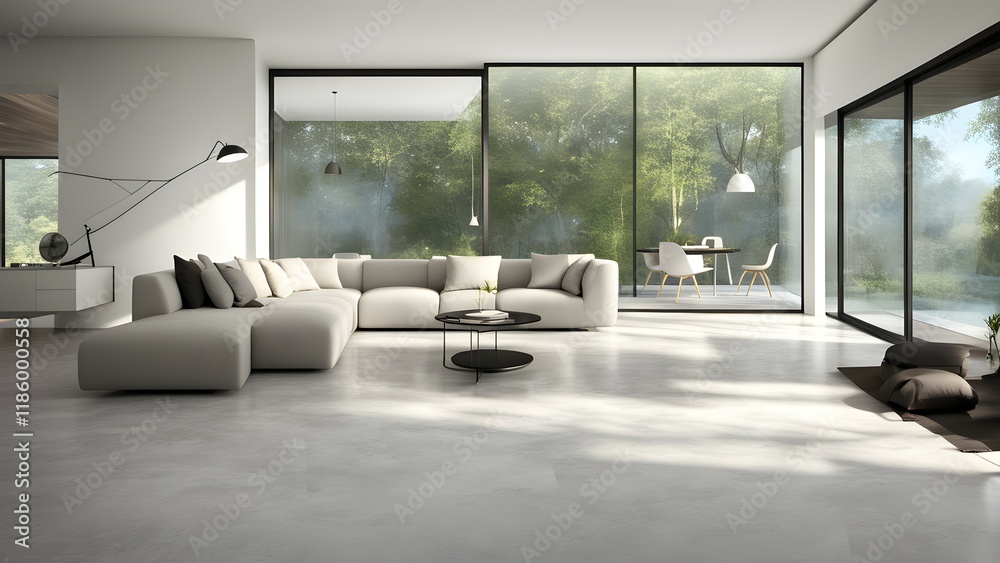 Fototapeta premium Modern living room with large windows overlooking greenery, featuring sleek furniture.