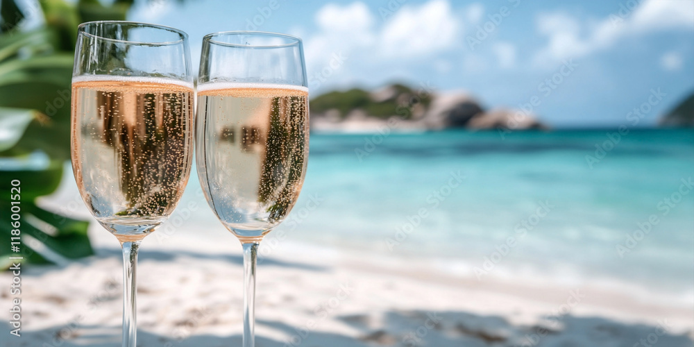 Two Champagne glasses on sandy beach with sea view. Vacation and summer concept. Banner, poster with copy space. Two Champagne glasses on sandy beach with sea view. Vacation and summer concept. Banner, poster with copy space.