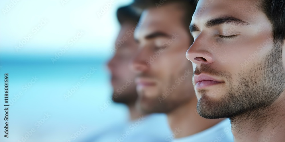 Three men with closed eyes, meditating or relaxing, in a serene outdoor setting with a blurred background. Concept Meditation in Nature, Serene Outdoor Setting, Relaxation Techniques Three men with closed eyes, meditating or relaxing, in a serene outdoor setting with a blurred background. Concept Meditation in Nature, Serene Outdoor Setting, Relaxation Techniques