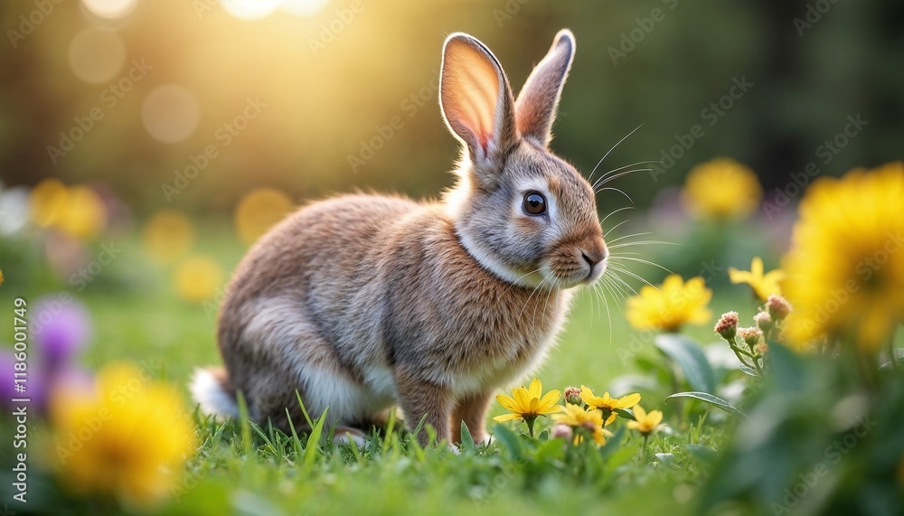 Fototapeta premium Cute rabbit sitting among colorful flowers in a sunlit meadow, capturing the essence of spring 