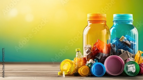 Brightly colored jars showcase sorted plastic waste for recycling photo