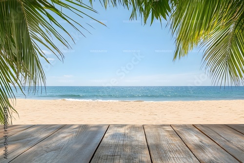 Tropical beach scene; wooden surface, palm leaves, ocean view; product display photo