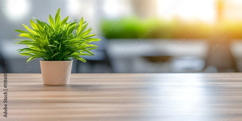 Fototapeta premium A small green plant in a white pot placed on a wooden table, with a blurred background featuring soft lighting. Concept Indoor Plant Decor, Minimalist Aesthetics, Soft Lighting Ambiance