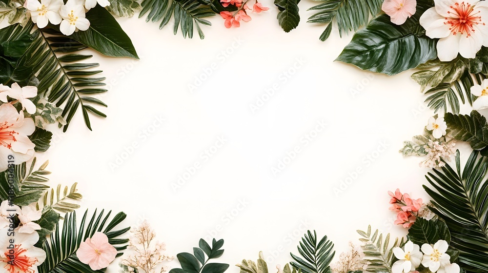 Elegant Tropical Foliage and Blossom Frame on Neutral Background Elegant Tropical Foliage and Blossom Frame on Neutral Background