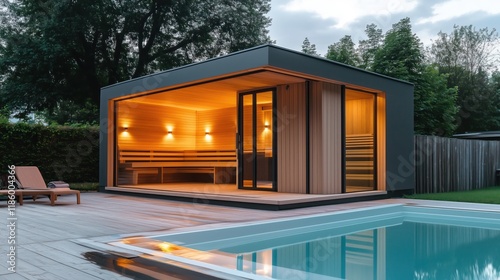 Modern outdoor sauna with a swimming pool