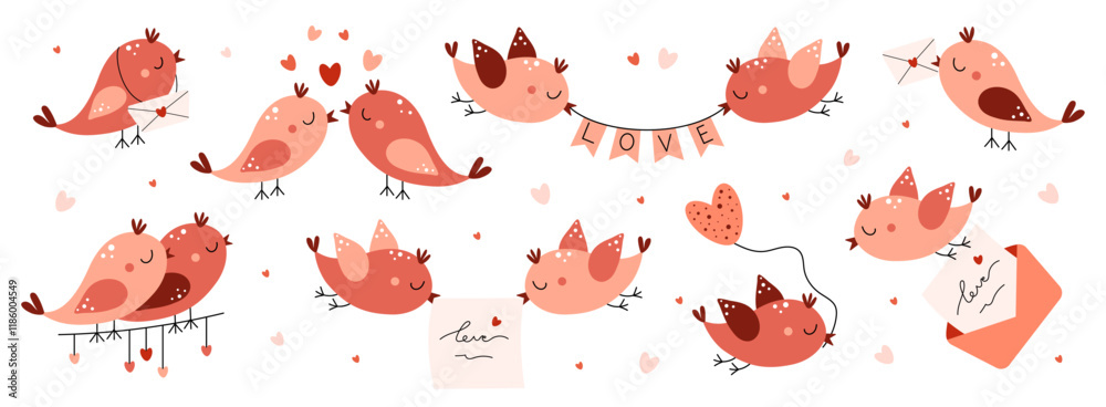 Obraz premium Set of cute birds with hearts, envelope with letter. Love, romance, relationship concept. Valentine's day. Flat vector illustration