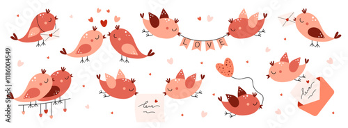 Set of cute birds with hearts, envelope with letter. Love, romance, relationship concept. Valentine's day. Flat vector illustration