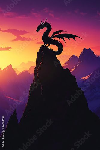 A silhouette of a dragon perched atop a mountain at sunset, evoking fantasy and adventure.