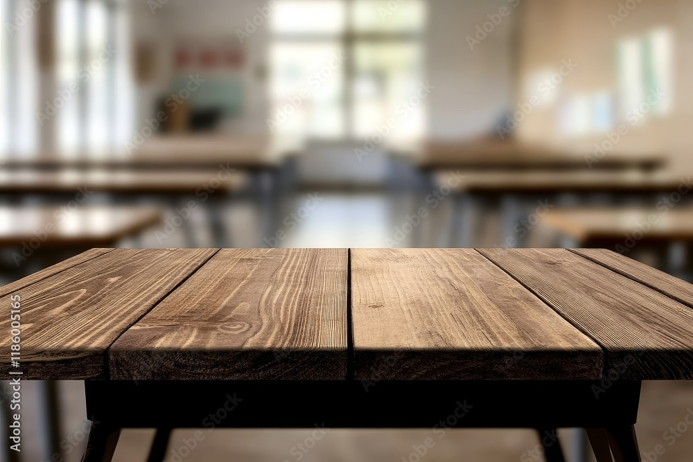 Empty wooden desk in blurred classroom, education backdrop Empty wooden desk in blurred classroom, education backdrop