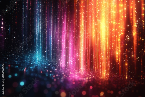 Dive into a vibrant 3D animation filled with shimmering neon abstract designs, enhanced by glowing vertical lines that weave through a spectrum of colors photo