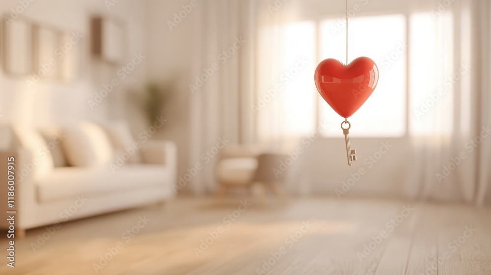Key hanging on a Valentine's Day red heart-shaped balloon in the interior of an apartment, a special offer in the real estate industry