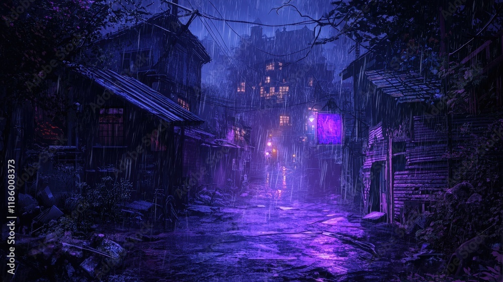 Naklejka premium Rain-soaked urban alley illuminated by neon purple lights and glowing windows, with reflections on wet pavement creating a moody and mysterious nighttime atmosphere. Perfect for cinematic and urban my