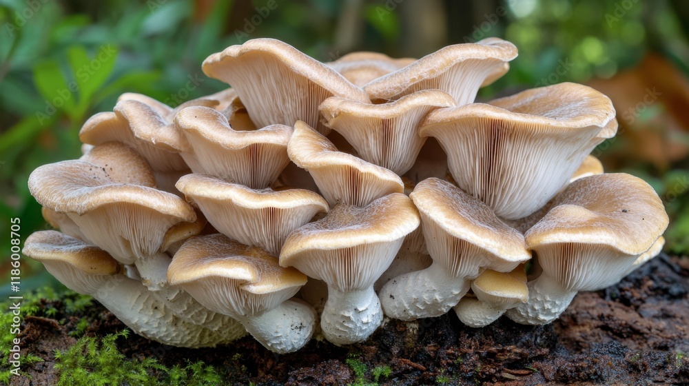 Fototapeta premium Cluster of Delicate Mushrooms Growing on Forest Floor in Nature
