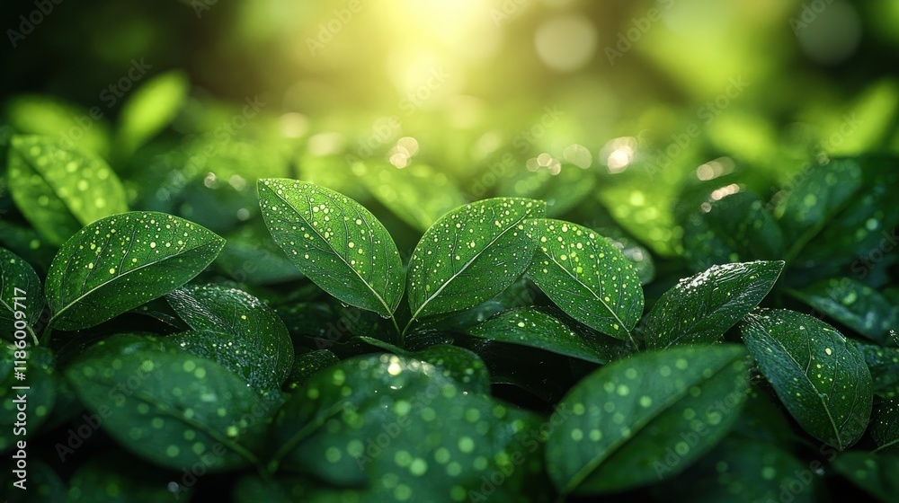 Lush green leaves with dew drops, backlit by sunlight. Lush green leaves with dew drops, backlit by sunlight.