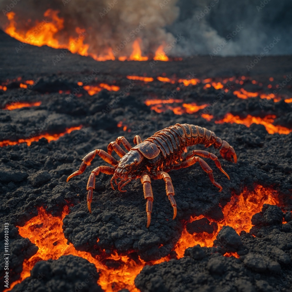 A scorpion sculpted from fire, standing in a molten lava field. A scorpion sculpted from fire, standing in a molten lava field.
