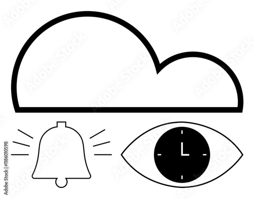 Cloud outline, ringing bell, and eye-shaped clock combined. Ideal for technology, alerts, time management, monitoring, cloud storage, data visualization and abstract line flat metaphor