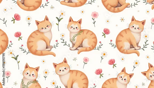Fototapeta Cute illustrated cats with floral accents on a light background
