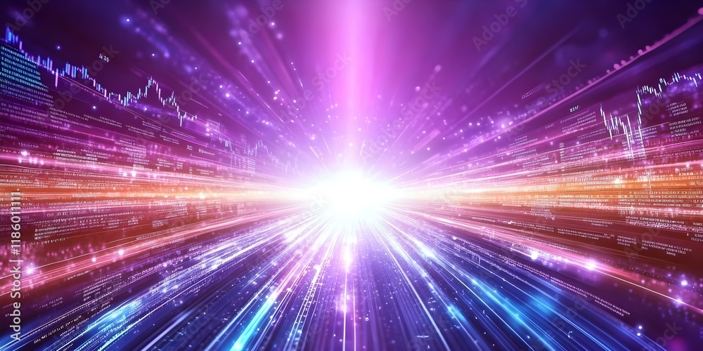 Fototapeta premium A burst of light surrounded by colorful digital patterns and lines, creating a sense of movement and energy in a futuristic setting. Concept Digital Art, Futuristic Design, Energetic Visuals
