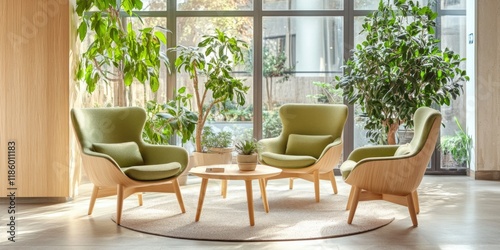 A cozy interior featuring two stylish green chairs and a round table. Sunlight filters through large windows  highlighting the natural elements. Perfect for relaxation or gathering. AI