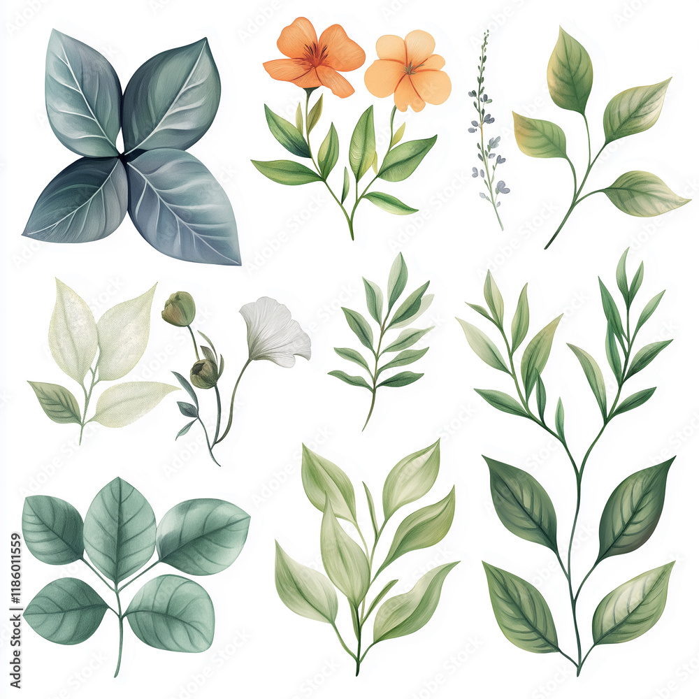 Botanical elements set of hand drawn watercolor illustrations with green leaves, herbs, and branches in a natural and elegant style. For wedding invitations, branding etc. Botanical elements set of hand drawn watercolor illustrations with green leaves, herbs, and branches in a natural and elegant style. For wedding invitations, branding etc.