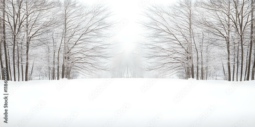 Fototapeta premium A tranquil winter scene with trees on either side, covered in snow, fading into a misty white background. Concept Winter Wonderland, Snow-Covered Trees, Tranquil Landscape, Misty Background