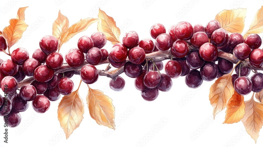 Obraz premium Red cherries branch with autumn leaves, isolated on white background.