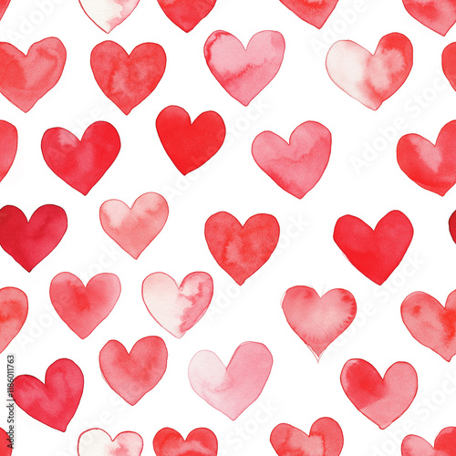 Seamless pattern with hand-painted watercolor hearts in pink and red tones for Valentine's Day designs, wedding invitations, romantic stationery, gift wrapping, and digital backgrounds