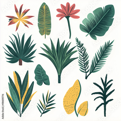 Botanical elements set of hand drawn tropical watercolor illustrations with palm leaves, green leaves, and branches. Summer vacation design elements