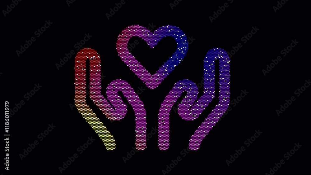 Icon hands heart is made up of LED square shapes that shimmer and flicker. There are black dead diodes. In-Out looped. Alpha BW at the end Icon hands heart is made up of LED square shapes that shimmer and flicker. There are black dead diodes. In-Out looped. Alpha BW at the end
