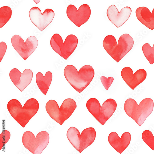 Seamless pattern with hand-painted watercolor hearts in pink and red tones for Valentine's Day designs, wedding invitations, romantic stationery, gift wrapping, and digital backgrounds