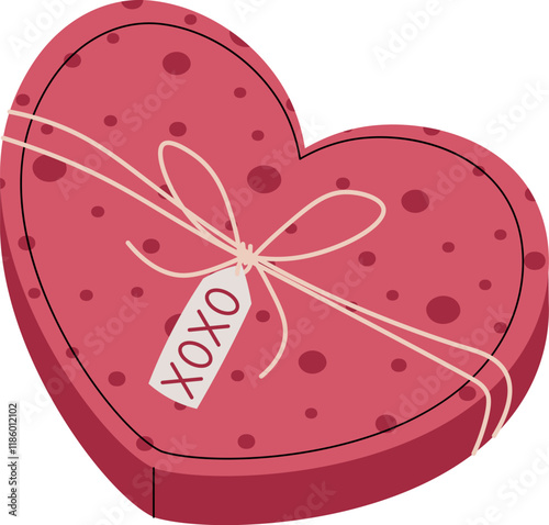 Heart shaped gift box in flat cartoon style. Heart tied with a rope on a white background. Vector illustration for Valentine's day cards, stickers, banners, etc.