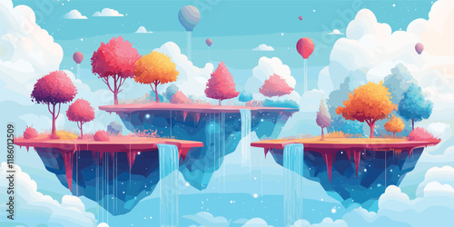 Vector illustration of floating fantasy islands with colorful trees, waterfalls, and a dreamy sky