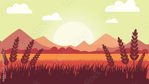 Wheat Field Nature Landscape with Mountains Hills View in the Morning