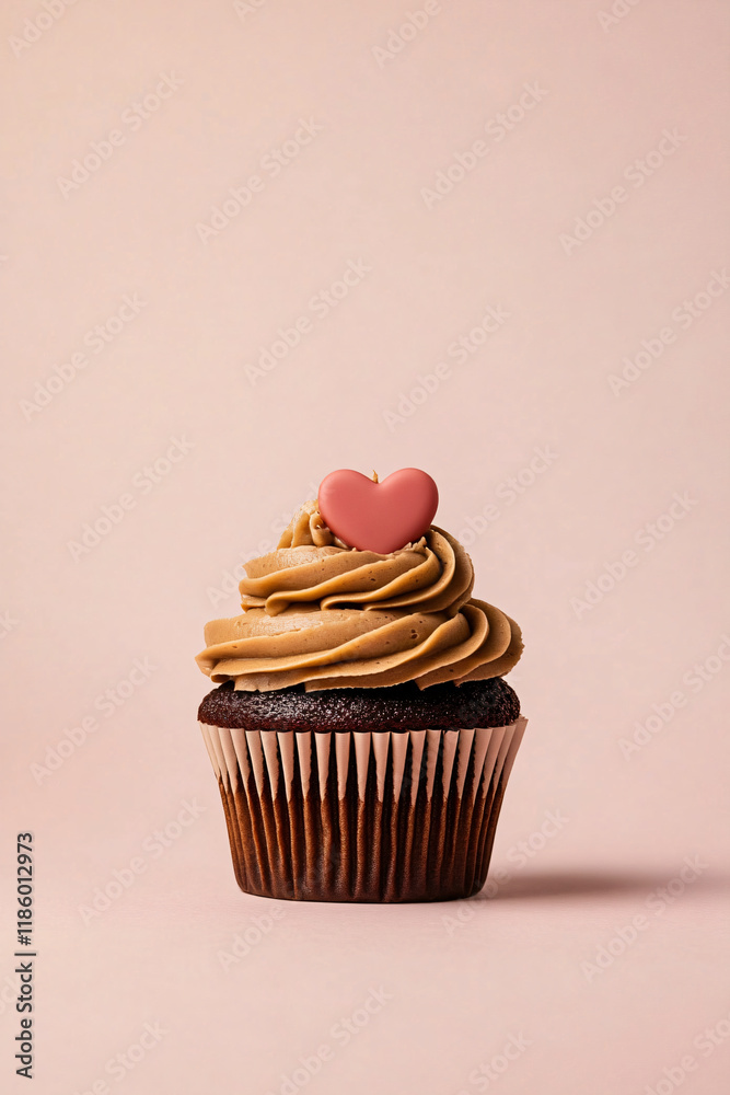 Chocolate cupcake muffin with a red heart on mocha mousse on pink background. Vertical template for love, sweets, poster, and cards for party, birthday and Valentine's day with place for text.