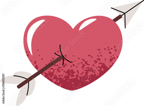 Heart wounded by Cupid's arrow in flat cartoon style. Heart on white background. Vector illustration for Valentine's day for cards, stickers, banners, etc
