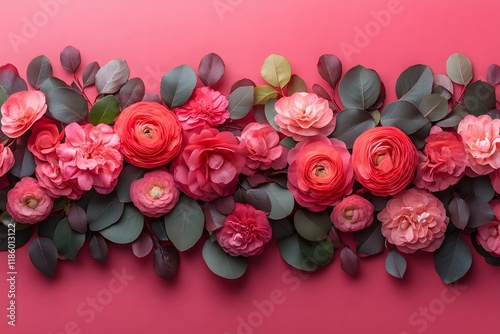 Vibrant Floral Arrangement with Pink and Red Blooms on Red Background for Romantic Decor photo