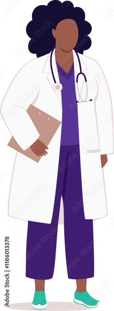 One Plus Size Black Female Doctor With Stethoscope And Lab Coat Standing And Holding A Clipboard. One Plus Size Black Female Doctor With Stethoscope And Lab Coat Standing And Holding A Clipboard.